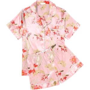imageEkouaer Womens Silk Satin Pajama Sets Soft Short Sleeve Button Down Sleepwear Top and Shorts 2 Piece Pjs Lounge Set SXXLFloral Pink