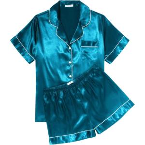 imageEkouaer Womens Silk Satin Pajama Sets Soft Short Sleeve Button Down Sleepwear Top and Shorts 2 Piece Pjs Lounge Set SXXLLake Blue