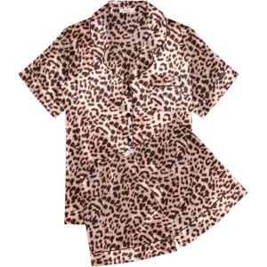imageEkouaer Womens Silk Satin Pajama Sets Soft Short Sleeve Button Down Sleepwear Top and Shorts 2 Piece Pjs Lounge Set SXXLLeopard