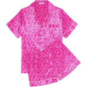 imageEkouaer Womens Silk Satin Pajama Sets Soft Short Sleeve Button Down Sleepwear Top and Shorts 2 Piece Pjs Lounge Set SXXLLeopard Hot Pink