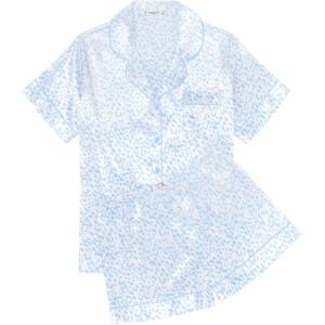 imageEkouaer Womens Silk Satin Pajama Sets Soft Short Sleeve Button Down Sleepwear Top and Shorts 2 Piece Pjs Lounge Set SXXLLeopard Light Blue