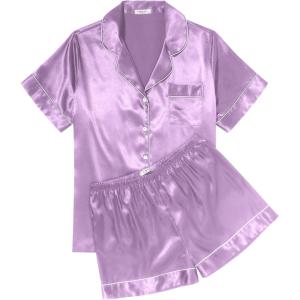imageEkouaer Womens Silk Satin Pajama Sets Soft Short Sleeve Button Down Sleepwear Top and Shorts 2 Piece Pjs Lounge Set SXXLLilac