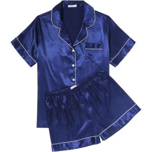 imageEkouaer Womens Silk Satin Pajama Sets Soft Short Sleeve Button Down Sleepwear Top and Shorts 2 Piece Pjs Lounge Set SXXLNavy