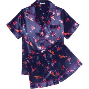 imageEkouaer Womens Silk Satin Pajama Sets Soft Short Sleeve Button Down Sleepwear Top and Shorts 2 Piece Pjs Lounge Set SXXLNavy Wineglass