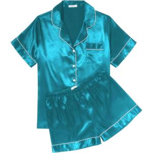 imageEkouaer Womens Silk Satin Pajama Sets Soft Short Sleeve Button Down Sleepwear Top and Shorts 2 Piece Pjs Lounge Set SXXLPeacock Blue