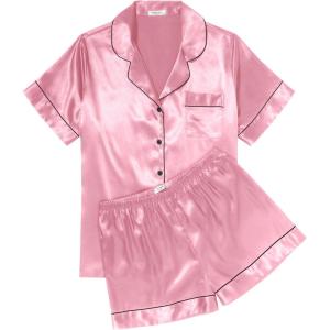 imageEkouaer Womens Silk Satin Pajama Sets Soft Short Sleeve Button Down Sleepwear Top and Shorts 2 Piece Pjs Lounge Set SXXLPink