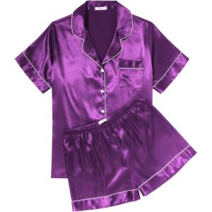 imageEkouaer Womens Silk Satin Pajama Sets Soft Short Sleeve Button Down Sleepwear Top and Shorts 2 Piece Pjs Lounge Set SXXLPurple