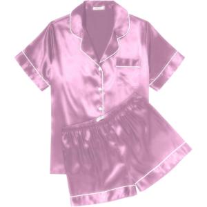 imageEkouaer Womens Silk Satin Pajama Sets Soft Short Sleeve Button Down Sleepwear Top and Shorts 2 Piece Pjs Lounge Set SXXLPurple Red