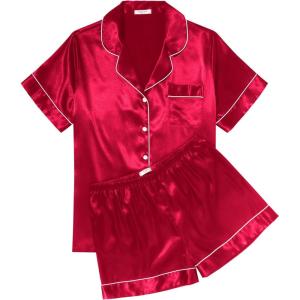 imageEkouaer Womens Silk Satin Pajama Sets Soft Short Sleeve Button Down Sleepwear Top and Shorts 2 Piece Pjs Lounge Set SXXLRed