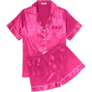 imageEkouaer Womens Silk Satin Pajama Sets Soft Short Sleeve Button Down Sleepwear Top and Shorts 2 Piece Pjs Lounge Set SXXLRose