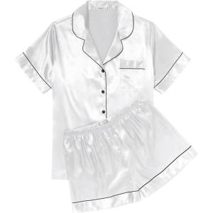 imageEkouaer Womens Silk Satin Pajama Sets Soft Short Sleeve Button Down Sleepwear Top and Shorts 2 Piece Pjs Lounge Set SXXLWhite