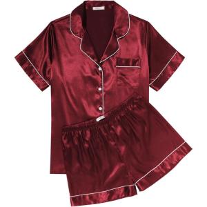 imageEkouaer Womens Silk Satin Pajama Sets Soft Short Sleeve Button Down Sleepwear Top and Shorts 2 Piece Pjs Lounge Set SXXLWine Red