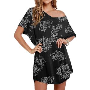 imageEkouaer Womens Tshirt Nightgown Cotton V Neck Sleepshirts Comfy Casual Nightshirt for WomenBlack White Flower