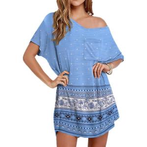 imageEkouaer Womens Tshirt Nightgown Cotton V Neck Sleepshirts Comfy Casual Nightshirt for WomenBlue Boho