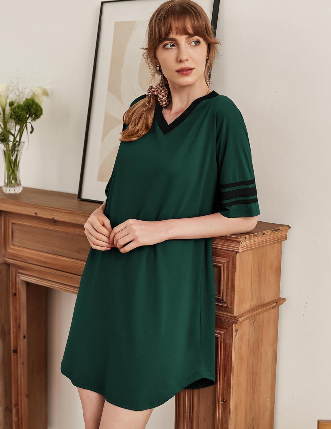 imageEkouaer Womens Nightgown Cotton Sleepwear Short Sleeve Sleep Shirt V Neck Color Block NightshirtAgreen