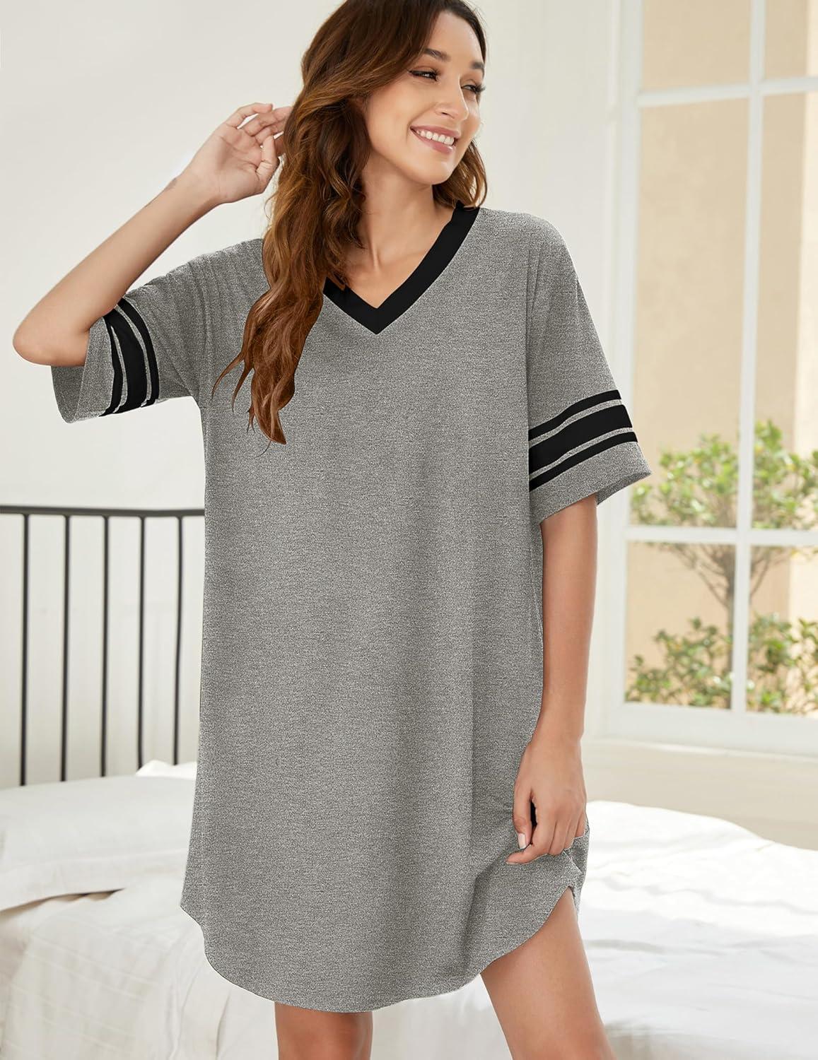 imageEkouaer Womens Nightgown Cotton Sleepwear Short Sleeve Sleep Shirt V Neck Color Block NightshirtAgrey