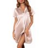 imageEkouaer Satin Nightgowns for Women Button Down Nightshirts Silk Sleepshirts Short Sleeve Boyfriend Sleepwear SXXXLChampagne Stripe