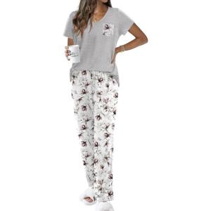 imageEkouaer Pajama Sets For Women 2 Piece Short Sleeve Pj Sets With Long Printed Pants Sleepwear Casual Loose Lounge SetsLight Grey Floral