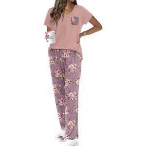 imageEkouaer Pajama Sets For Women 2 Piece Short Sleeve Pj Sets With Long Printed Pants Sleepwear Casual Loose Lounge SetsMauve Floral