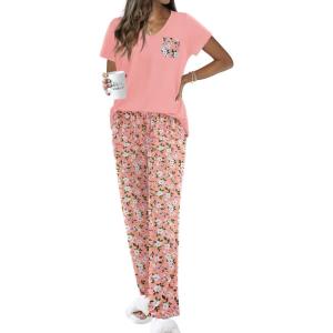 imageEkouaer Pajama Sets For Women 2 Piece Short Sleeve Pj Sets With Long Printed Pants Sleepwear Casual Loose Lounge SetsOrange Pink Floral