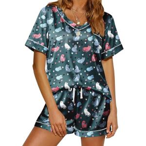 imageEkouaer Silk Pajama for Women Short Sleeve Satin Pj Set Two Piece Soft Sleepwear Loungewear SXXLDark Blue Cat  Heart