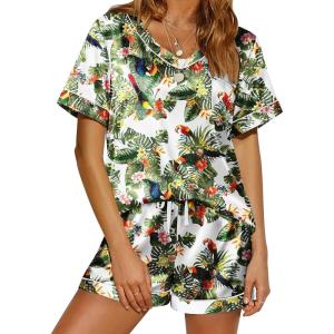 imageEkouaer Silk Pajama for Women Short Sleeve Satin Pj Set Two Piece Soft Sleepwear Loungewear SXXLGreen Leaves