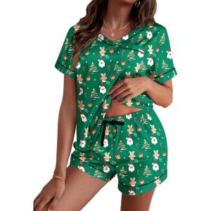 imageEkouaer Silk Pajama for Women Short Sleeve Satin Pj Set Two Piece Soft Sleepwear Loungewear SXXLGreen Santa Claus
