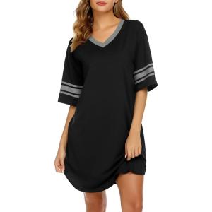 imageEkouaer Womens Nightgown Cotton Sleepwear Short Sleeve Sleep Shirt V Neck Color Block NightshirtAablack