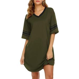imageEkouaer Womens Nightgown Cotton Sleepwear Short Sleeve Sleep Shirt V Neck Color Block NightshirtAarmy Green