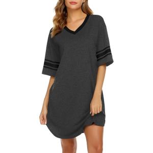 imageEkouaer Womens Nightgown Cotton Sleepwear Short Sleeve Sleep Shirt V Neck Color Block NightshirtAdark Grey