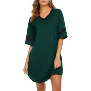 imageEkouaer Womens Nightgown Cotton Sleepwear Short Sleeve Sleep Shirt V Neck Color Block NightshirtAgreen