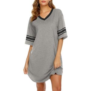 imageEkouaer Womens Nightgown Cotton Sleepwear Short Sleeve Sleep Shirt V Neck Color Block NightshirtAgrey