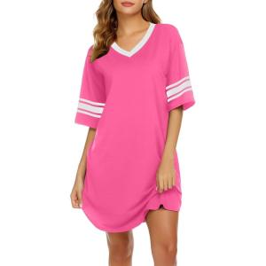 imageEkouaer Womens Nightgown Cotton Sleepwear Short Sleeve Sleep Shirt V Neck Color Block NightshirtAhot Pink