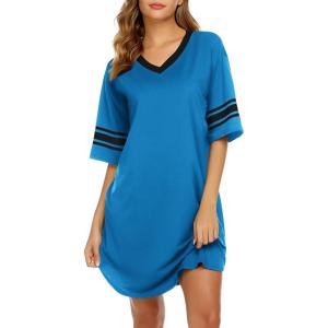 imageEkouaer Womens Nightgown Cotton Sleepwear Short Sleeve Sleep Shirt V Neck Color Block NightshirtAlight Blue