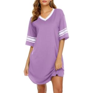imageEkouaer Womens Nightgown Cotton Sleepwear Short Sleeve Sleep Shirt V Neck Color Block NightshirtAlilac
