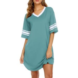 imageEkouaer Womens Nightgown Cotton Sleepwear Short Sleeve Sleep Shirt V Neck Color Block NightshirtAmint Green