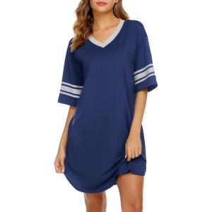 imageEkouaer Womens Nightgown Cotton Sleepwear Short Sleeve Sleep Shirt V Neck Color Block NightshirtAnavy