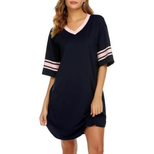 imageEkouaer Womens Nightgown Cotton Sleepwear Short Sleeve Sleep Shirt V Neck Color Block NightshirtAnavy Blue