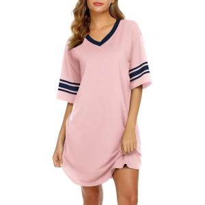 imageEkouaer Womens Nightgown Cotton Sleepwear Short Sleeve Sleep Shirt V Neck Color Block NightshirtApink