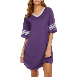 imageEkouaer Womens Nightgown Cotton Sleepwear Short Sleeve Sleep Shirt V Neck Color Block NightshirtApurple