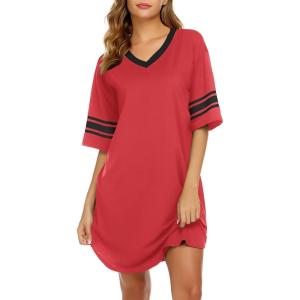 imageEkouaer Womens Nightgown Cotton Sleepwear Short Sleeve Sleep Shirt V Neck Color Block NightshirtAred