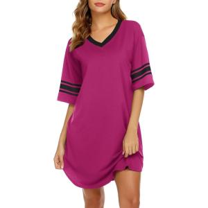 imageEkouaer Womens Nightgown Cotton Sleepwear Short Sleeve Sleep Shirt V Neck Color Block NightshirtArose Red