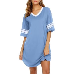 imageEkouaer Womens Nightgown Cotton Sleepwear Short Sleeve Sleep Shirt V Neck Color Block NightshirtAsky Blue