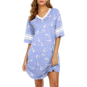 imageEkouaer Womens Nightgown Cotton Sleepwear Short Sleeve Sleep Shirt V Neck Color Block NightshirtBbird Blue