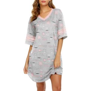 imageEkouaer Womens Nightgown Cotton Sleepwear Short Sleeve Sleep Shirt V Neck Color Block NightshirtBcoffee Grey