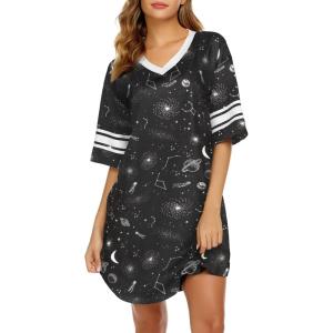 imageEkouaer Womens Nightgown Cotton Sleepwear Short Sleeve Sleep Shirt V Neck Color Block NightshirtBgalaxy Black