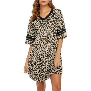 imageEkouaer Womens Nightgown Cotton Sleepwear Short Sleeve Sleep Shirt V Neck Color Block NightshirtBleopard