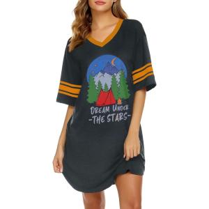 imageEkouaer Womens Nightgown Cotton Sleepwear Short Sleeve Sleep Shirt V Neck Color Block NightshirtCdream Grey