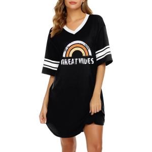 imageEkouaer Womens Nightgown Cotton Sleepwear Short Sleeve Sleep Shirt V Neck Color Block NightshirtCrainbow Black