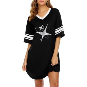 imageEkouaer Womens Nightgown Cotton Sleepwear Short Sleeve Sleep Shirt V Neck Color Block NightshirtCstar Black